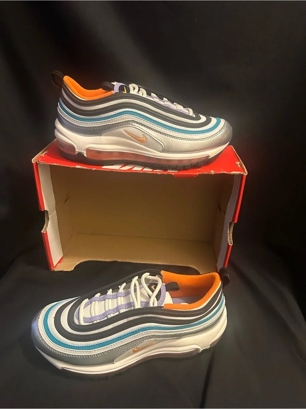 Nike Air Max 97 in Silver, Teal, Black & Orange